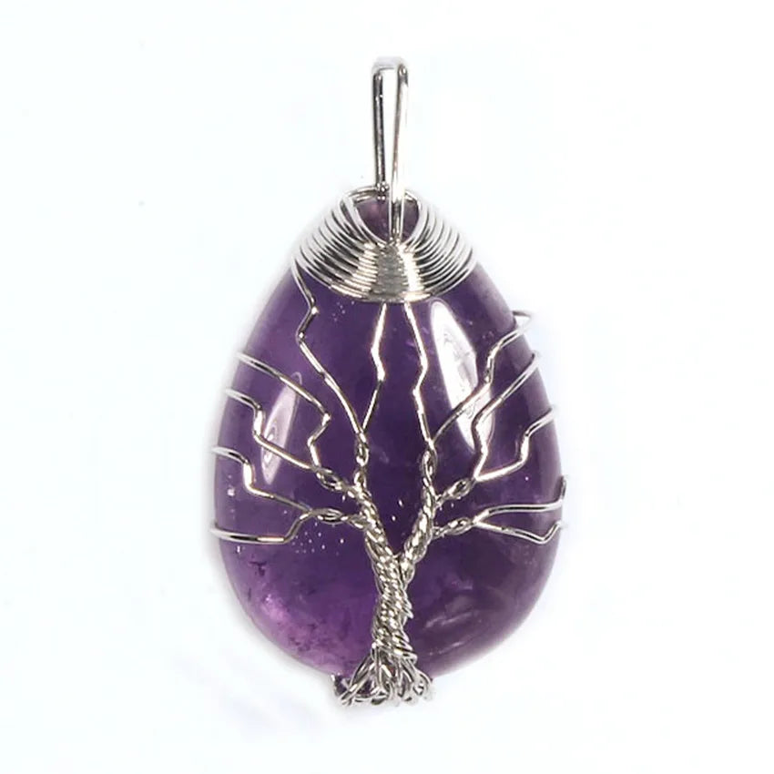 Pingente de Ágata com Cristais de Cura em Quartzo Rosa e Ametista Roxa Natural, com Design de Árvore da Vida e Gota de Água, Enrolado em Arame, Joia para Mulheres