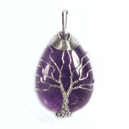 Pingente de Ágata com Cristais de Cura em Quartzo Rosa e Ametista Roxa Natural, com Design de Árvore da Vida e Gota de Água, Enrolado em Arame, Joia para Mulheres