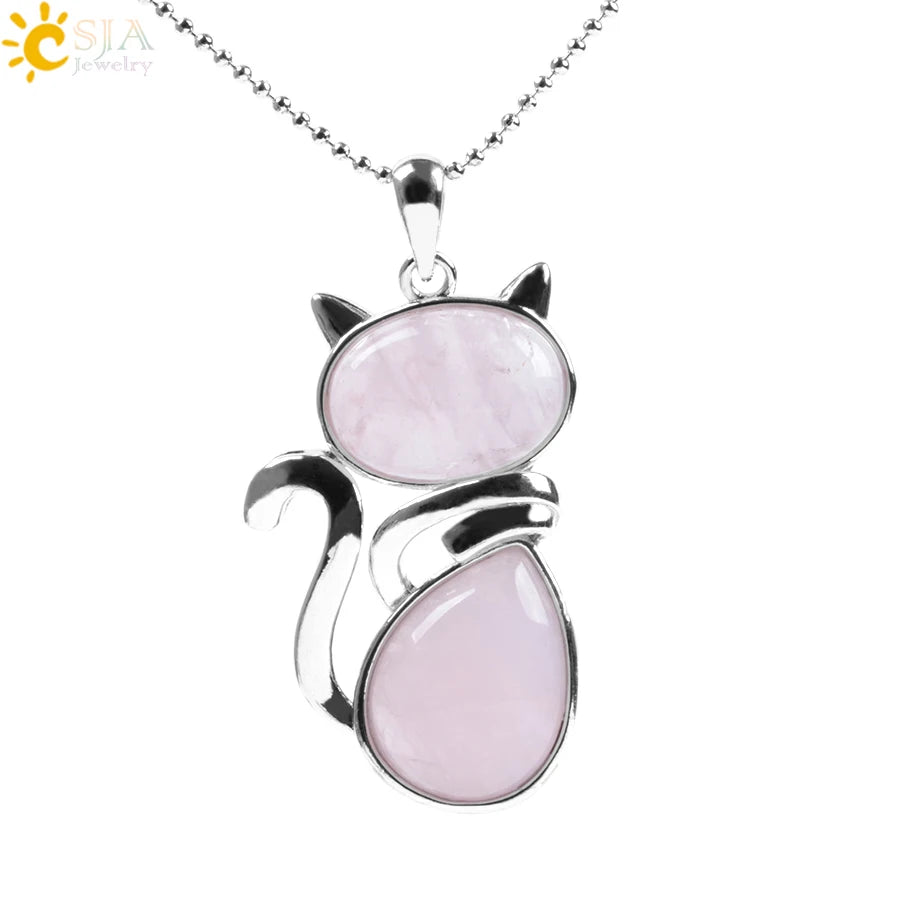 CSJA Reiki Colares de Pedra Natural Pingentes de Quartzo Rosa para Mulheres Menina Bonito Forma de Gato Rocha Preto Onyx Contas Corrente Jóias F066
