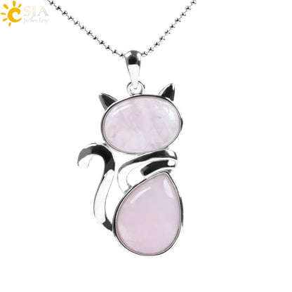 CSJA Reiki Colares de Pedra Natural Pingentes de Quartzo Rosa para Mulheres Menina Bonito Forma de Gato Rocha Preto Onyx Contas Corrente Jóias F066