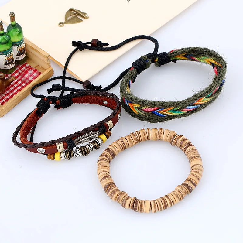 3 Pçs/set Boho Hippie Gypsy Punk Bege Madeira De Coco Contas De Madeira Marrom De Couro Cabo de Envoltório Macrame Pulseiras Envoltório Conjunto para o Homem