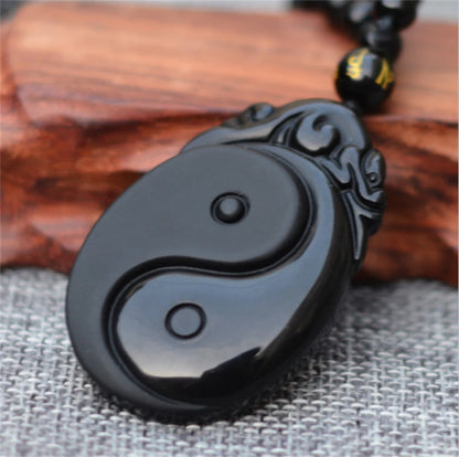 Natural preto obsidiana esculpida yin e yang bagua colar pingente peixes pingente colar jóias