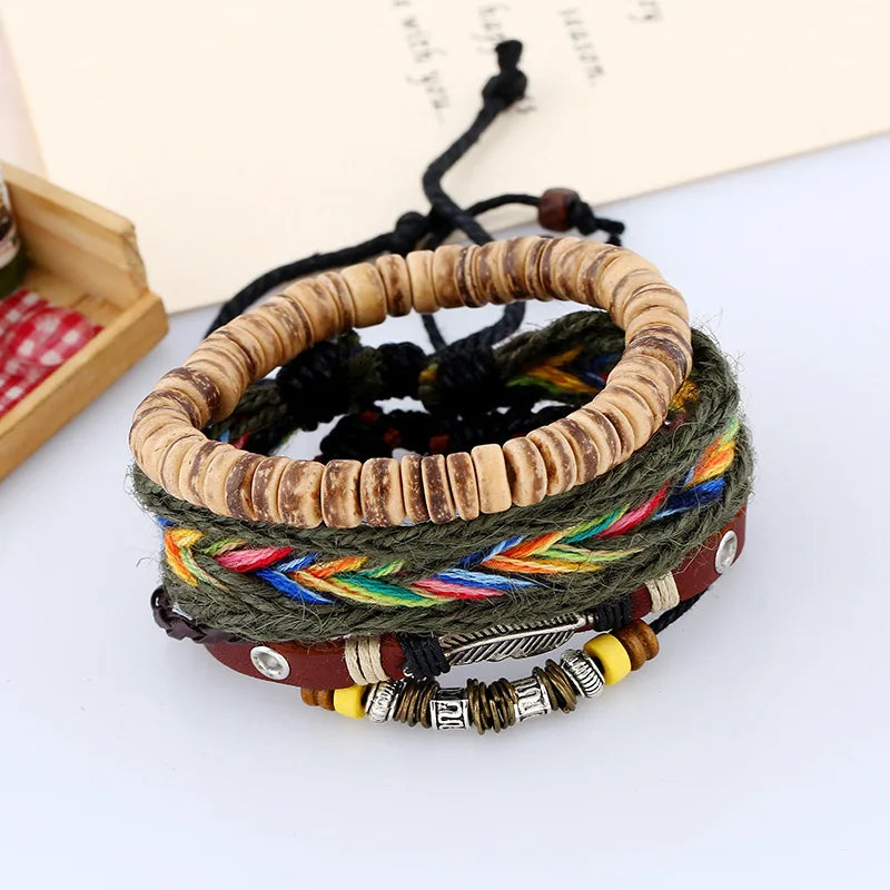 3 Pçs/set Boho Hippie Gypsy Punk Bege Madeira De Coco Contas De Madeira Marrom De Couro Cabo de Envoltório Macrame Pulseiras Envoltório Conjunto para o Homem
