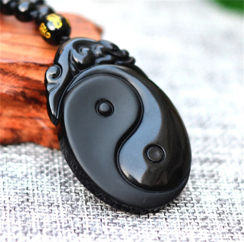 Natural preto obsidiana esculpida yin e yang bagua colar pingente peixes pingente colar jóias