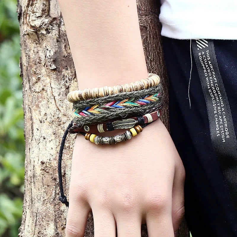 3 Pçs/set Boho Hippie Gypsy Punk Bege Madeira De Coco Contas De Madeira Marrom De Couro Cabo de Envoltório Macrame Pulseiras Envoltório Conjunto para o Homem