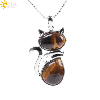 CSJA Reiki Colares de Pedra Natural Pingentes de Quartzo Rosa para Mulheres Menina Bonito Forma de Gato Rocha Preto Onyx Contas Corrente Jóias F066