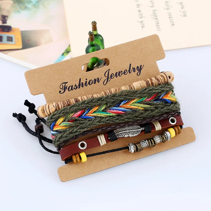 3 Pçs/set Boho Hippie Gypsy Punk Bege Madeira De Coco Contas De Madeira Marrom De Couro Cabo de Envoltório Macrame Pulseiras Envoltório Conjunto para o Homem