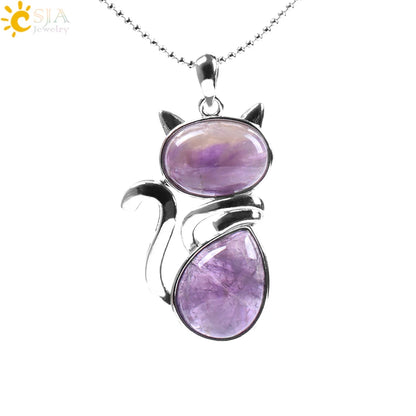 CSJA Reiki Colares de Pedra Natural Pingentes de Quartzo Rosa para Mulheres Menina Bonito Forma de Gato Rocha Preto Onyx Contas Corrente Jóias F066