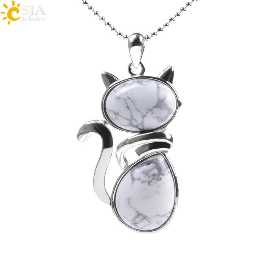 CSJA Reiki Colares de Pedra Natural Pingentes de Quartzo Rosa para Mulheres Menina Bonito Forma de Gato Rocha Preto Onyx Contas Corrente Jóias F066
