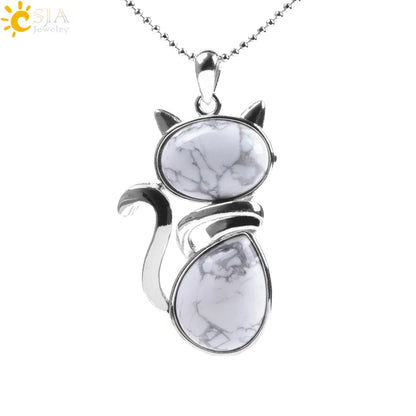 CSJA Reiki Colares de Pedra Natural Pingentes de Quartzo Rosa para Mulheres Menina Bonito Forma de Gato Rocha Preto Onyx Contas Corrente Jóias F066