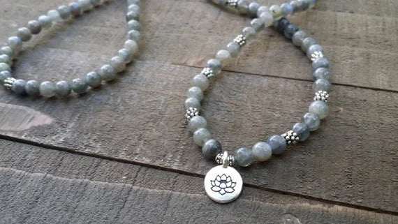 Labradorite 108 mala colar, pulseira envoltório estiramento
