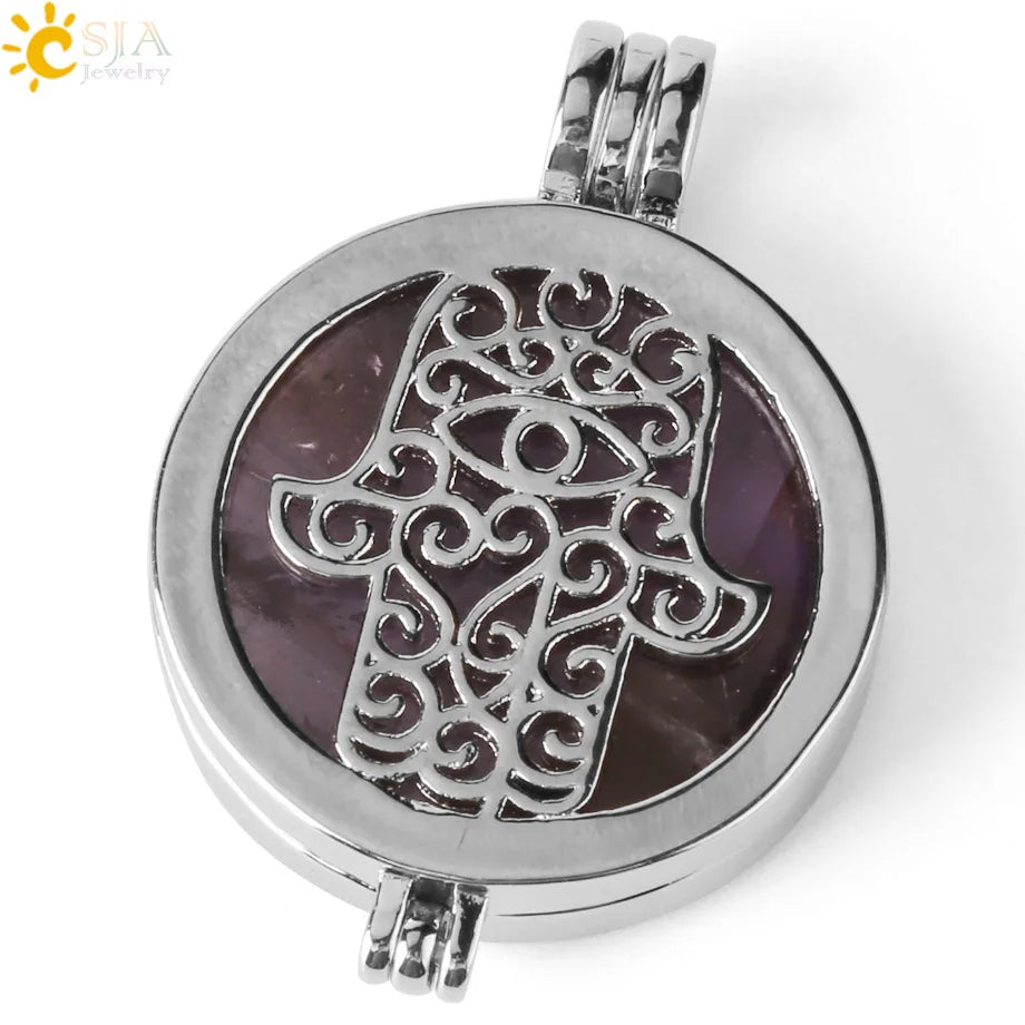 Colar com Pingente de Pedra Natural CSJA, Design da Mão de Fátima Hamsa, Difusor de Óleo Essencial, Joia de Cura para Mulheres e Homens G309