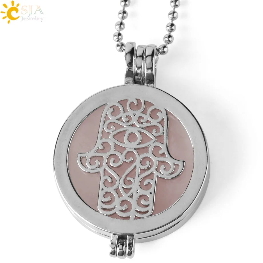 Colar com Pingente de Pedra Natural CSJA, Design da Mão de Fátima Hamsa, Difusor de Óleo Essencial, Joia de Cura para Mulheres e Homens G309