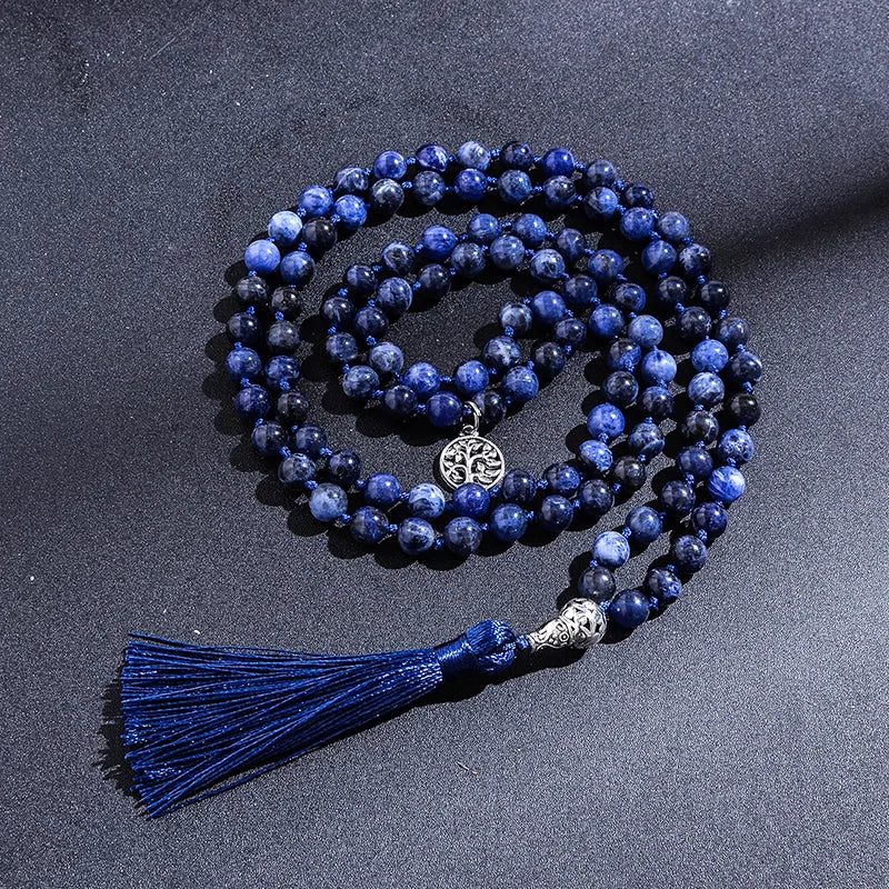108 Mala Natural Sodalite Feito à Mão Nó Frisado Meditação Yoga Grande Cabeça de Buda Borla Colar Longo
