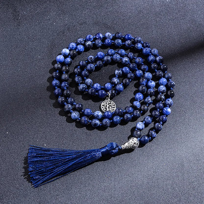108 Mala Natural Sodalite Feito à Mão Nó Frisado Meditação Yoga Grande Cabeça de Buda Borla Colar Longo