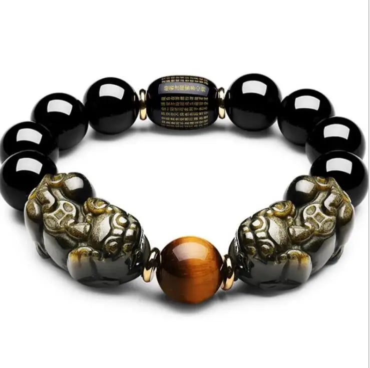 Natural méxico ouro obsidiana duplo pi xiu pulseira duplo um dólar pixiu estilo masculino requintado escultura mão corda atacado