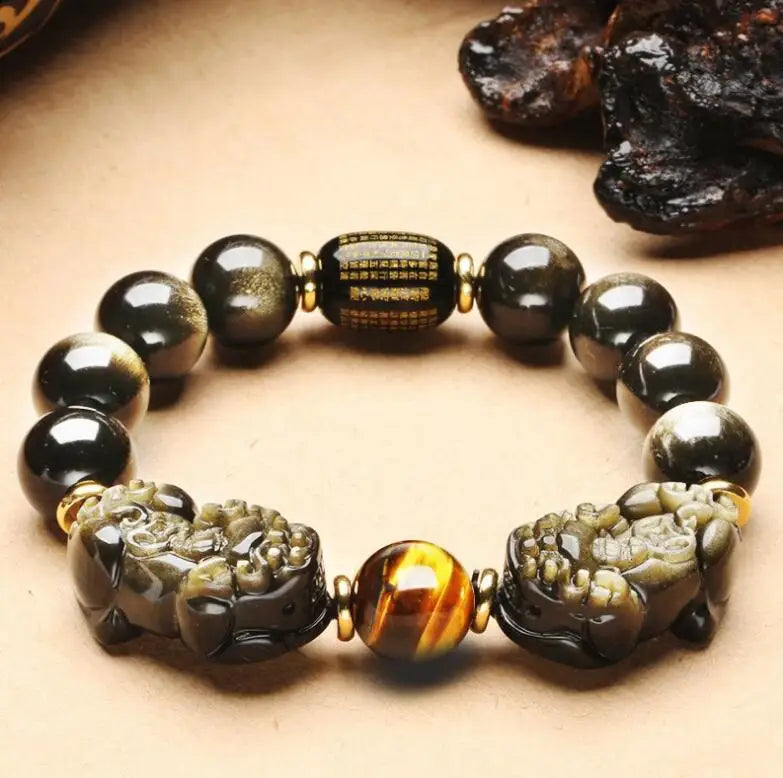 Natural méxico ouro obsidiana duplo pi xiu pulseira duplo um dólar pixiu estilo masculino requintado escultura mão corda atacado