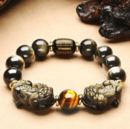 Natural méxico ouro obsidiana duplo pi xiu pulseira duplo um dólar pixiu estilo masculino requintado escultura mão corda atacado