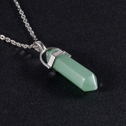 1 pçs de aço inoxidável natural quartzo obsidiana cristal hexagonal chakra ponto cura pêndulo pedra pingente colar para presente