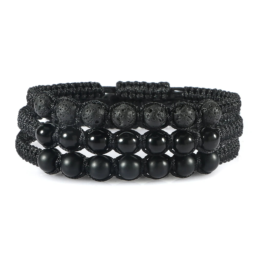 Homens pulseira preta pedra natural ônix lava frisado trançado pulseiras pulseiras corda ajustável corrente homme moda jóias artesanais
