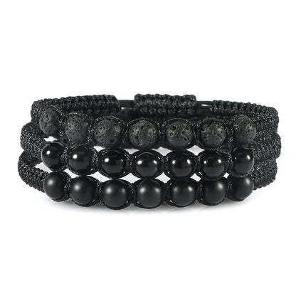 Homens pulseira preta pedra natural ônix lava frisado trançado pulseiras pulseiras corda ajustável corrente homme moda jóias artesanais
