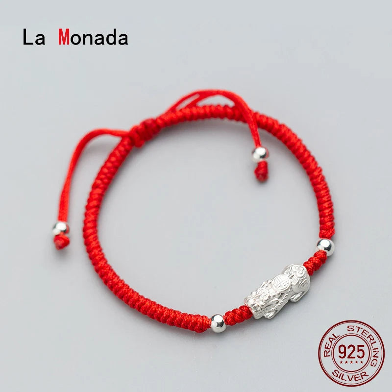 Pulseira la monada 925 de prata esterlina, corda e fio vermelho para mulheres, prata 925