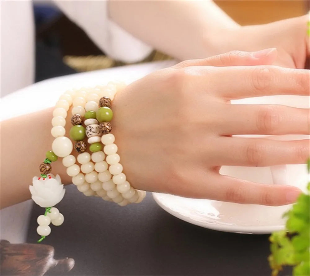 Natural Branco Bodhi Raiz Pulseira de Contas para Mulheres, Lotus Mala, Oração de Cura, Jóias, Design Original, 108