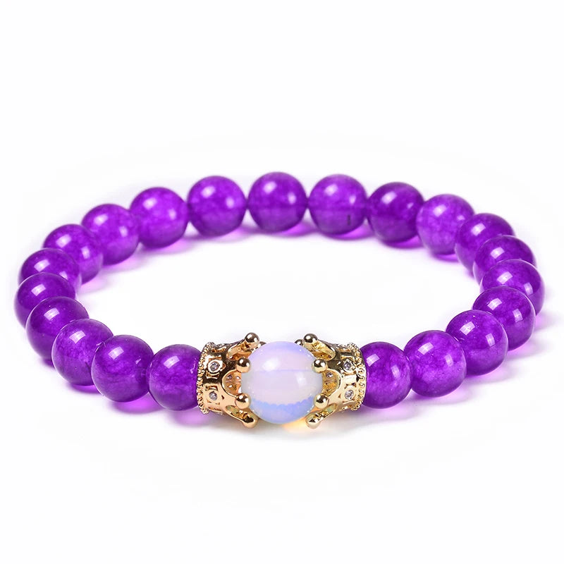 Pulseira de Contas CZ Crown Bead King&Queen com Pedra Olho de Tigre para Homens e Mulheres, Pulseira de Contas de Cristal de Pedra Natural, Joia com Pingente
