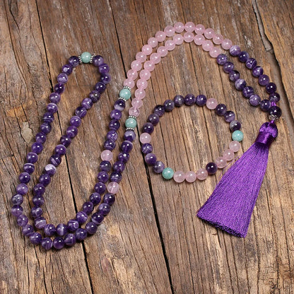 Colar de miçangas de quartzo ametista e rosa, 8mm, coração calmante japamala, joia mala 108, pulseira feminina com contas naturais