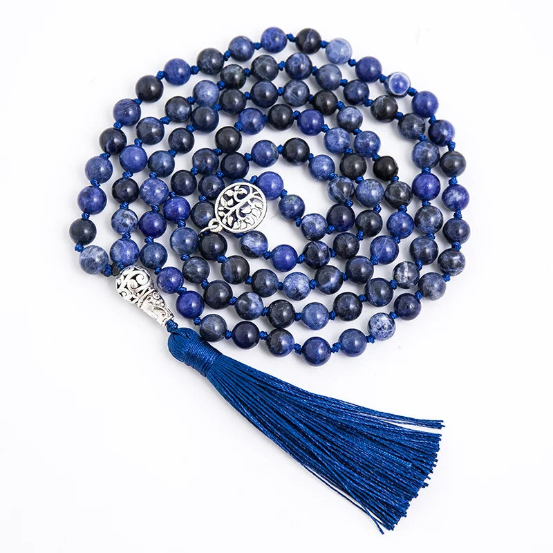108 Mala Natural Sodalite Feito à Mão Nó Frisado Meditação Yoga Grande Cabeça de Buda Borla Colar Longo