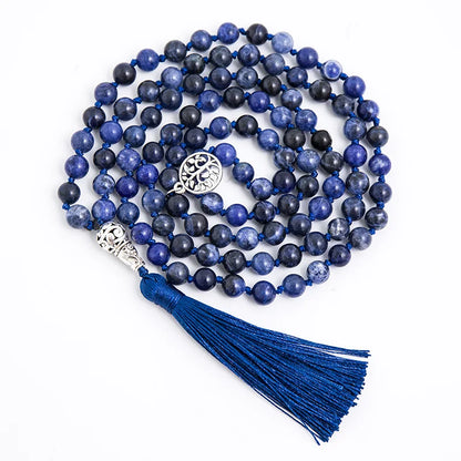 108 Mala Natural Sodalite Feito à Mão Nó Frisado Meditação Yoga Grande Cabeça de Buda Borla Colar Longo