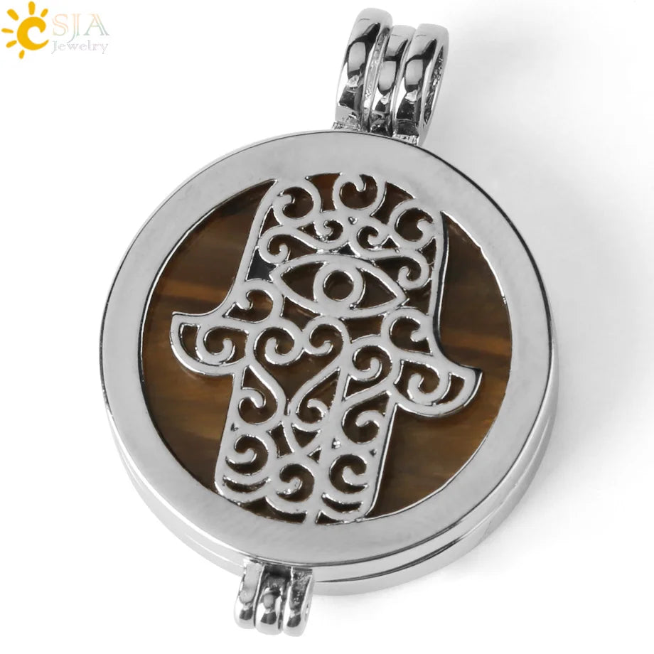 Colar com Pingente de Pedra Natural CSJA, Design da Mão de Fátima Hamsa, Difusor de Óleo Essencial, Joia de Cura para Mulheres e Homens G309