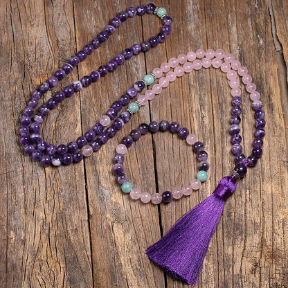 Colar de miçangas de quartzo ametista e rosa, 8mm, coração calmante japamala, joia mala 108, pulseira feminina com contas naturais