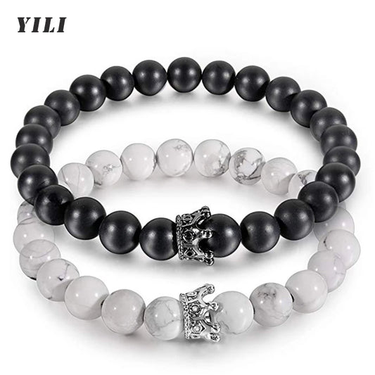 Pulseiras de Distância Coroa Rei e Rainha para Casal, Pulseira de Pedra Natural Howlite Preta Fosca de 8mm, Pulseira Elástica com Contas de Cura