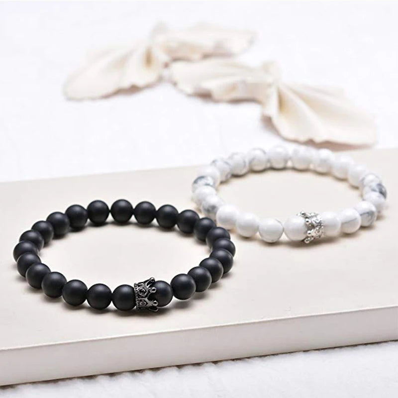 Pulseiras de Distância Coroa Rei e Rainha para Casal, Pulseira de Pedra Natural Howlite Preta Fosca de 8mm, Pulseira Elástica com Contas de Cura