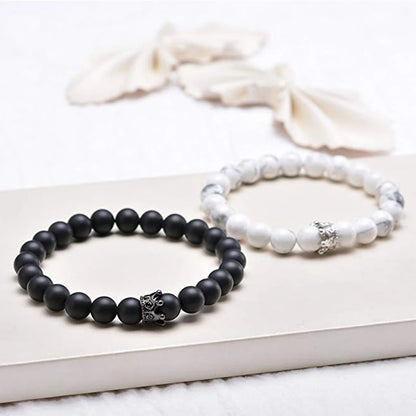 Pulseiras de Distância Coroa Rei e Rainha para Casal, Pulseira de Pedra Natural Howlite Preta Fosca de 8mm, Pulseira Elástica com Contas de Cura
