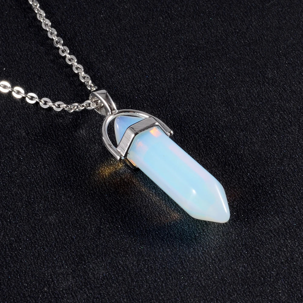1 pçs de aço inoxidável natural quartzo obsidiana cristal hexagonal chakra ponto cura pêndulo pedra pingente colar para presente