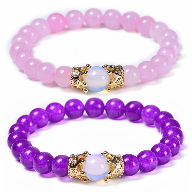 Pulseira de Contas CZ Crown Bead King&Queen com Pedra Olho de Tigre para Homens e Mulheres, Pulseira de Contas de Cristal de Pedra Natural, Joia com Pingente