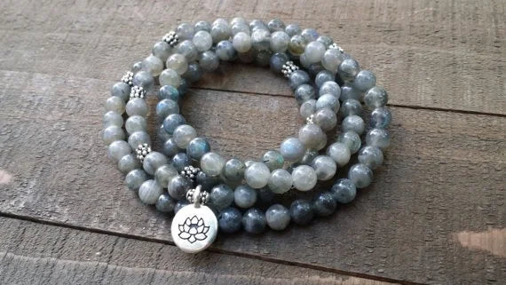 Labradorite 108 mala colar, pulseira envoltório estiramento