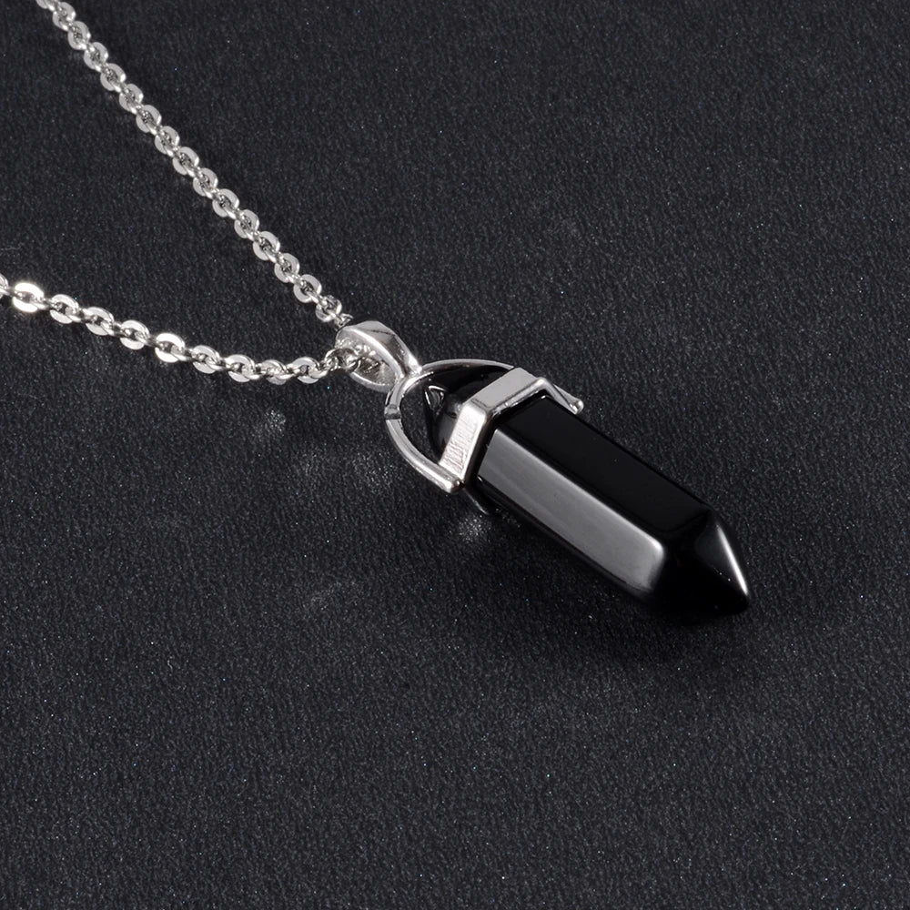 1 pçs de aço inoxidável natural quartzo obsidiana cristal hexagonal chakra ponto cura pêndulo pedra pingente colar para presente