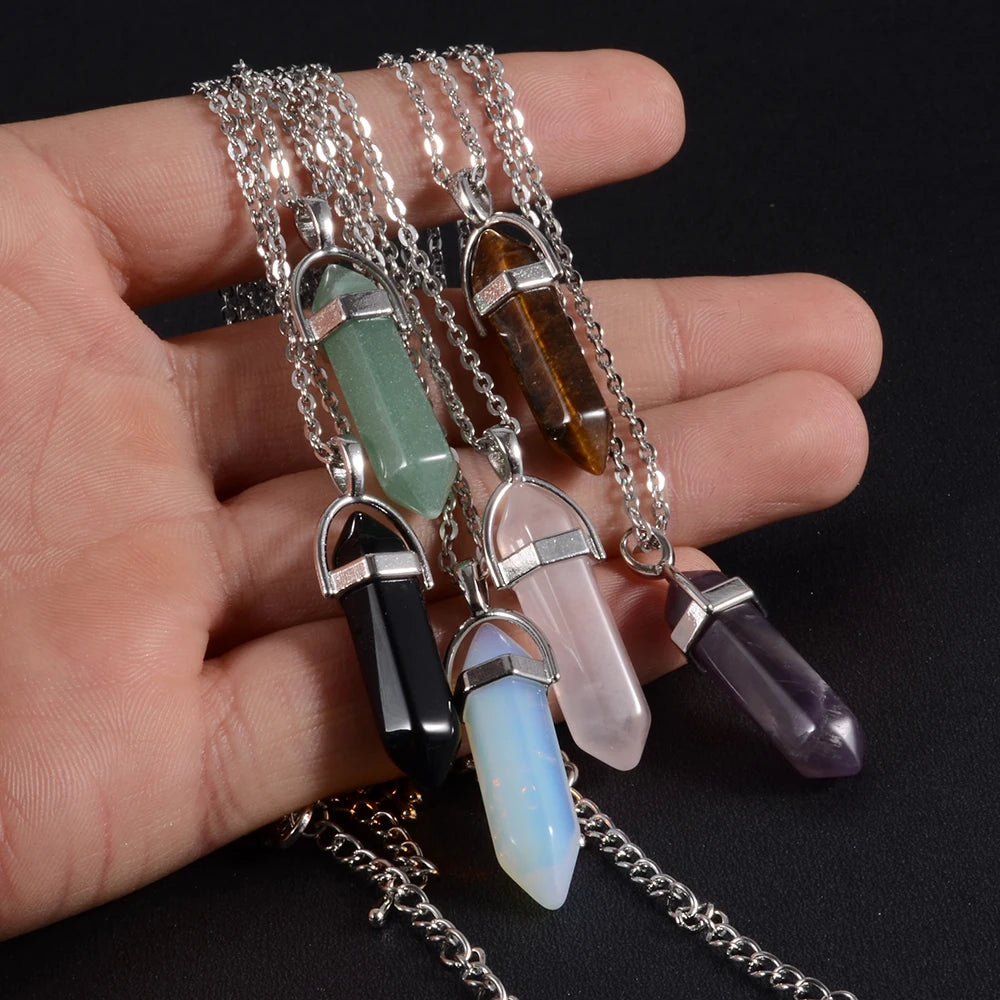 1 pçs de aço inoxidável natural quartzo obsidiana cristal hexagonal chakra ponto cura pêndulo pedra pingente colar para presente