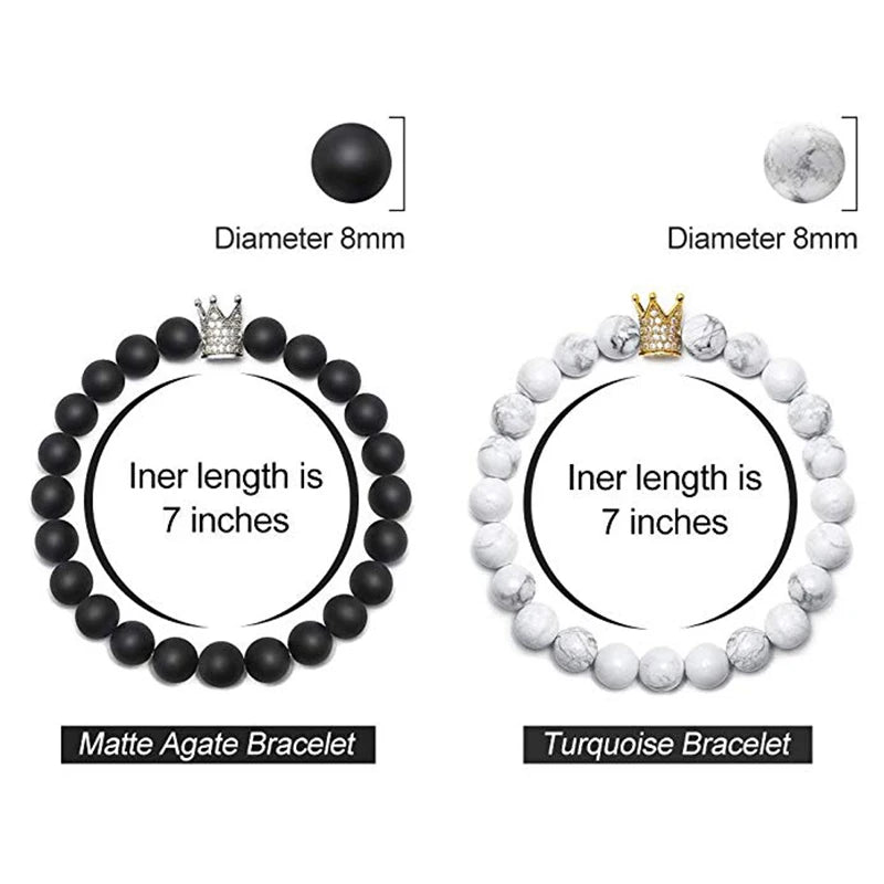 Pulseiras de Casal de Howlite Branca Fosca Preta de 8mm com Coroa de Zircônia Cúbica Rei e Rainha, Pulseiras de Pedra Natural, Pulseira de Distância com Pingente, Joias