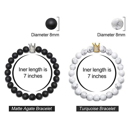 Pulseiras de Casal de Howlite Branca Fosca Preta de 8mm com Coroa de Zircônia Cúbica Rei e Rainha, Pulseiras de Pedra Natural, Pulseira de Distância com Pingente, Joias