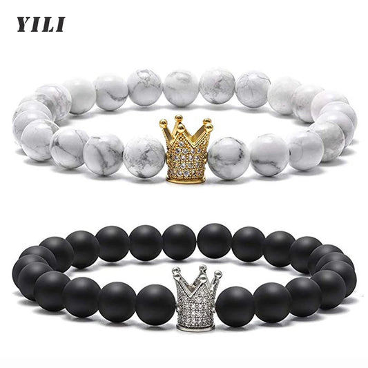 Pulseiras de Casal de Howlite Branca Fosca Preta de 8mm com Coroa de Zircônia Cúbica Rei e Rainha, Pulseiras de Pedra Natural, Pulseira de Distância com Pingente, Joias