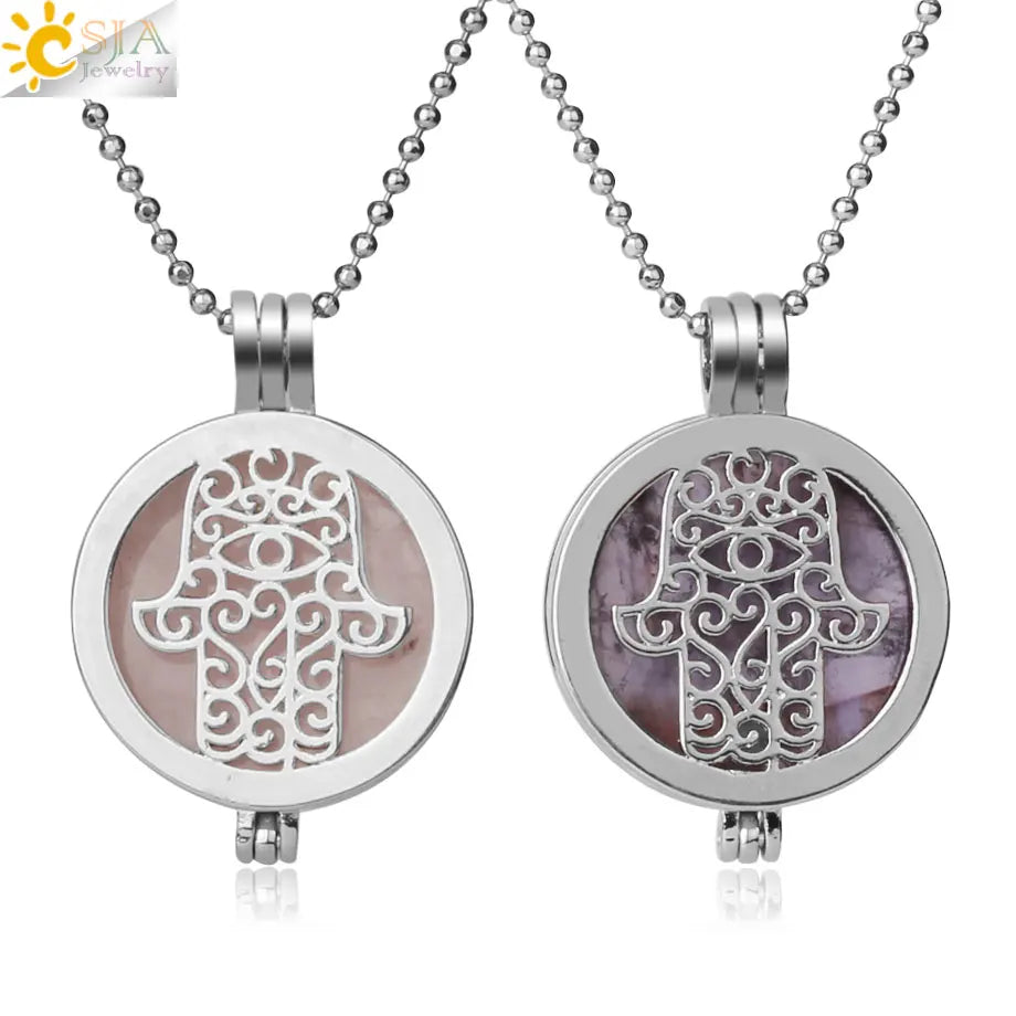 Colar com Pingente de Pedra Natural CSJA, Design da Mão de Fátima Hamsa, Difusor de Óleo Essencial, Joia de Cura para Mulheres e Homens G309