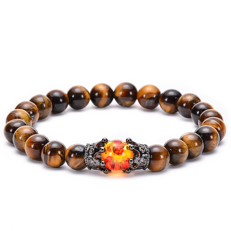 Pulseira de Contas CZ Crown Bead King&Queen com Pedra Olho de Tigre para Homens e Mulheres, Pulseira de Contas de Cristal de Pedra Natural, Joia com Pingente