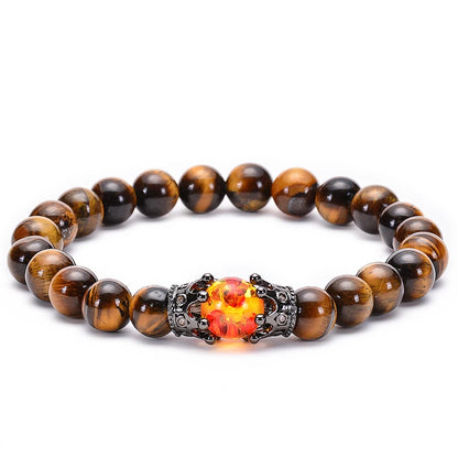 Pulseira de Contas CZ Crown Bead King&Queen com Pedra Olho de Tigre para Homens e Mulheres, Pulseira de Contas de Cristal de Pedra Natural, Joia com Pingente
