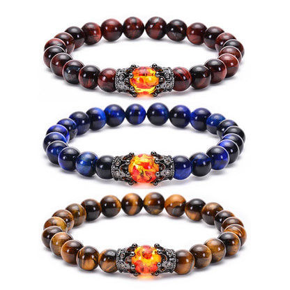 Pulseira de Contas CZ Crown Bead King&Queen com Pedra Olho de Tigre para Homens e Mulheres, Pulseira de Contas de Cristal de Pedra Natural, Joia com Pingente