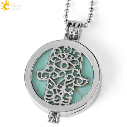 Colar com Pingente de Pedra Natural CSJA, Design da Mão de Fátima Hamsa, Difusor de Óleo Essencial, Joia de Cura para Mulheres e Homens G309