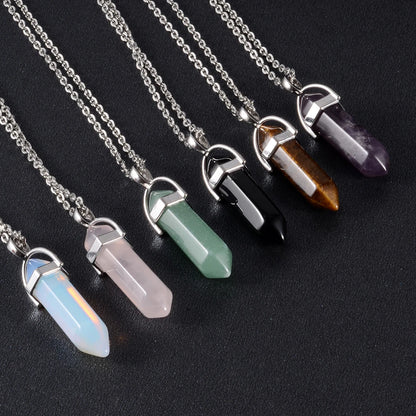 1 pçs de aço inoxidável natural quartzo obsidiana cristal hexagonal chakra ponto cura pêndulo pedra pingente colar para presente